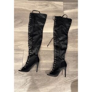 Anne Michelle TRUELOVE-72S Black Satin Lace Up Over The Knee Peep Toe Boots 7